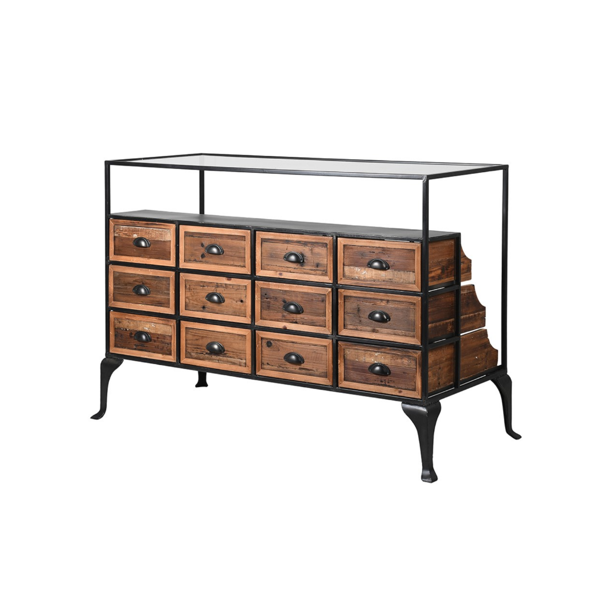 Industrial 12 Drawer Display Counter with Glass Top