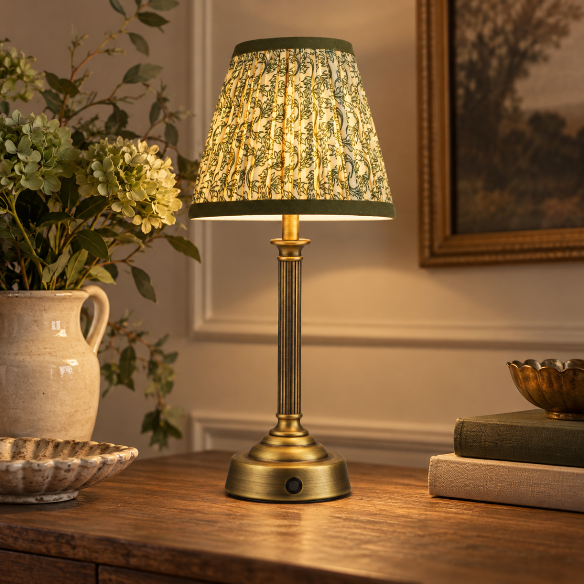 Virgil Rechargeable Lamp in Matt Antique Brass With Green Leaf Shade