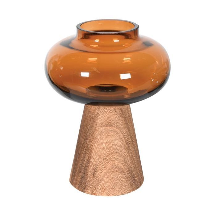 Amber glass on Wood Stand Vase