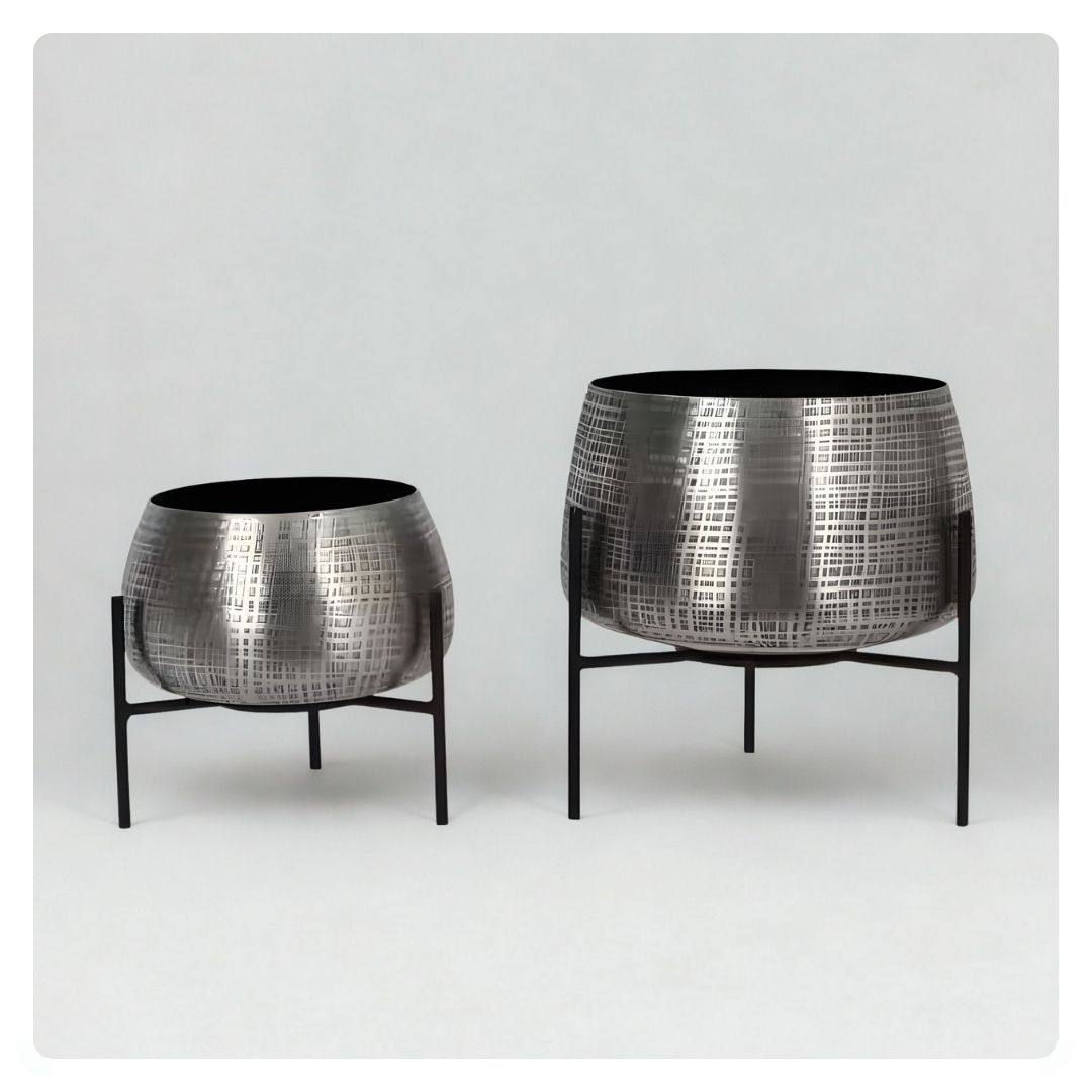 Tabletop Nickel Planter on Black Stands Set of 2