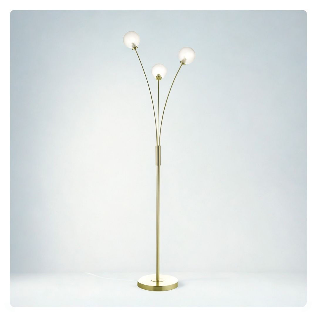 där Avari 3 Light Floor Lamp Satin Brass And Clear Frosted Glass