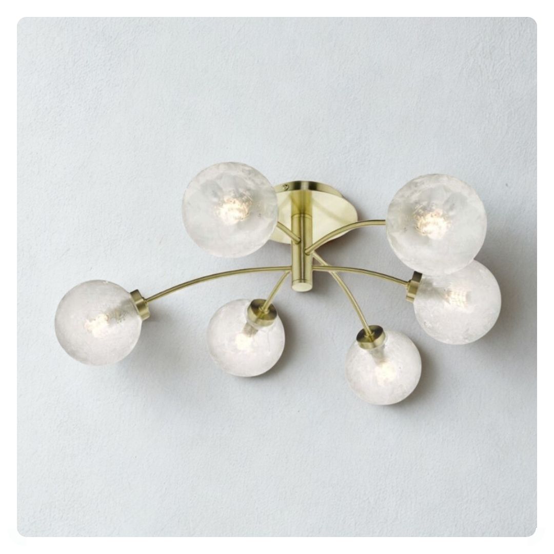 där Avari 6 Light Semi Flush Satin Brass And Clear Frosted Glass