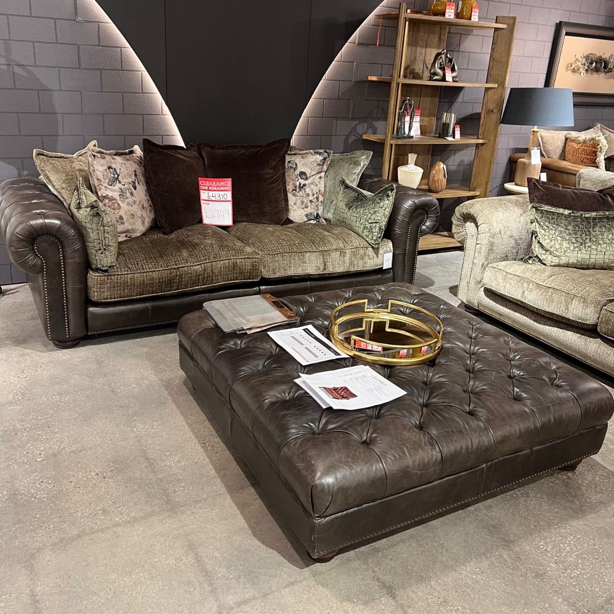 Atlantis 3.5 Seater Fabric/Leather Mix Sofa with Large Leather Stool