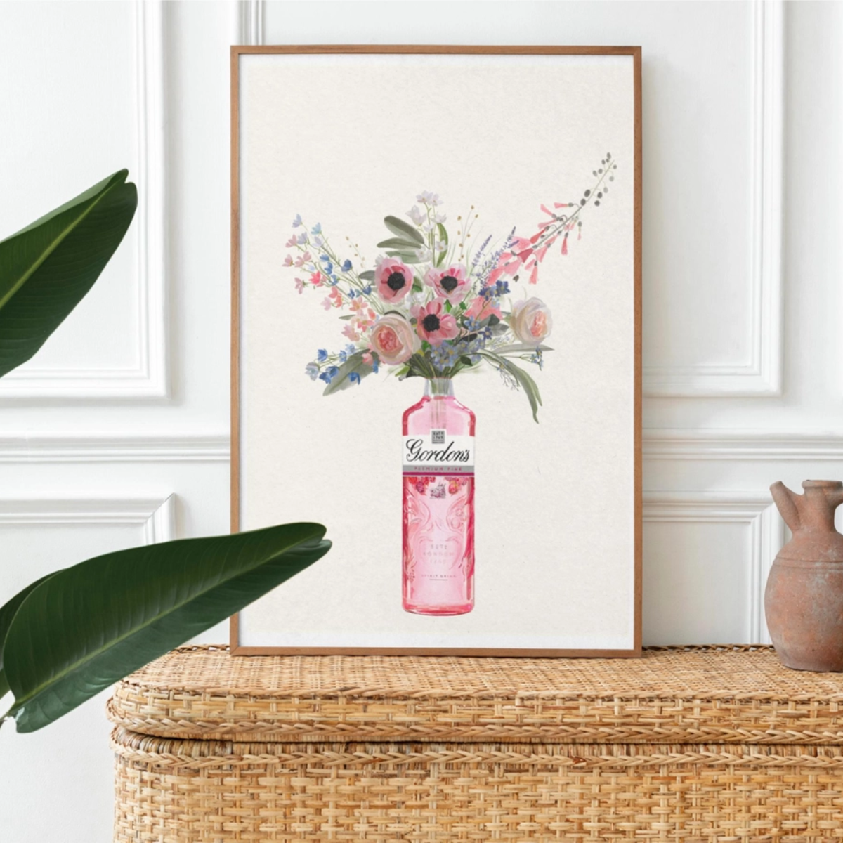 Pink Gin Bottle and Cottage Garden Flowers A4 Print